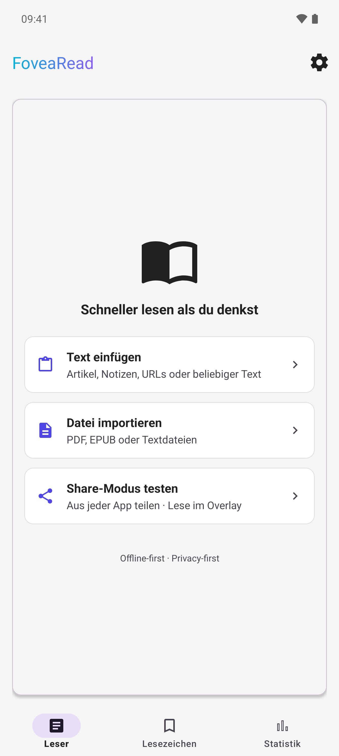 FoveaRead Startbildschirm