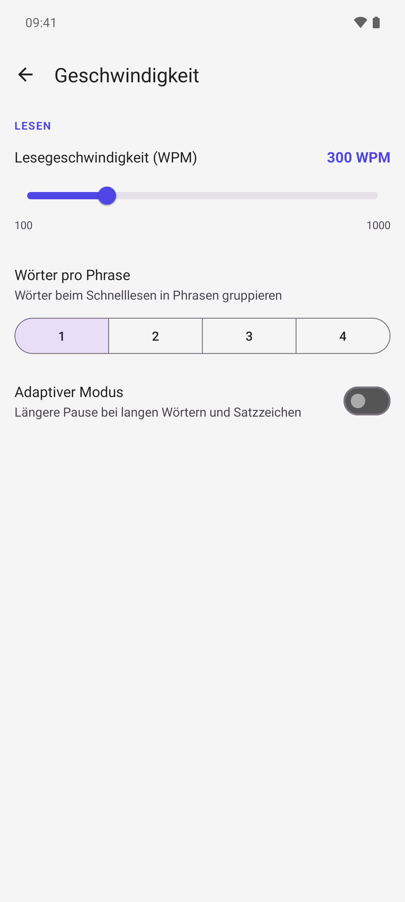 FoveaRead Geschwindigkeits-Einstellungen